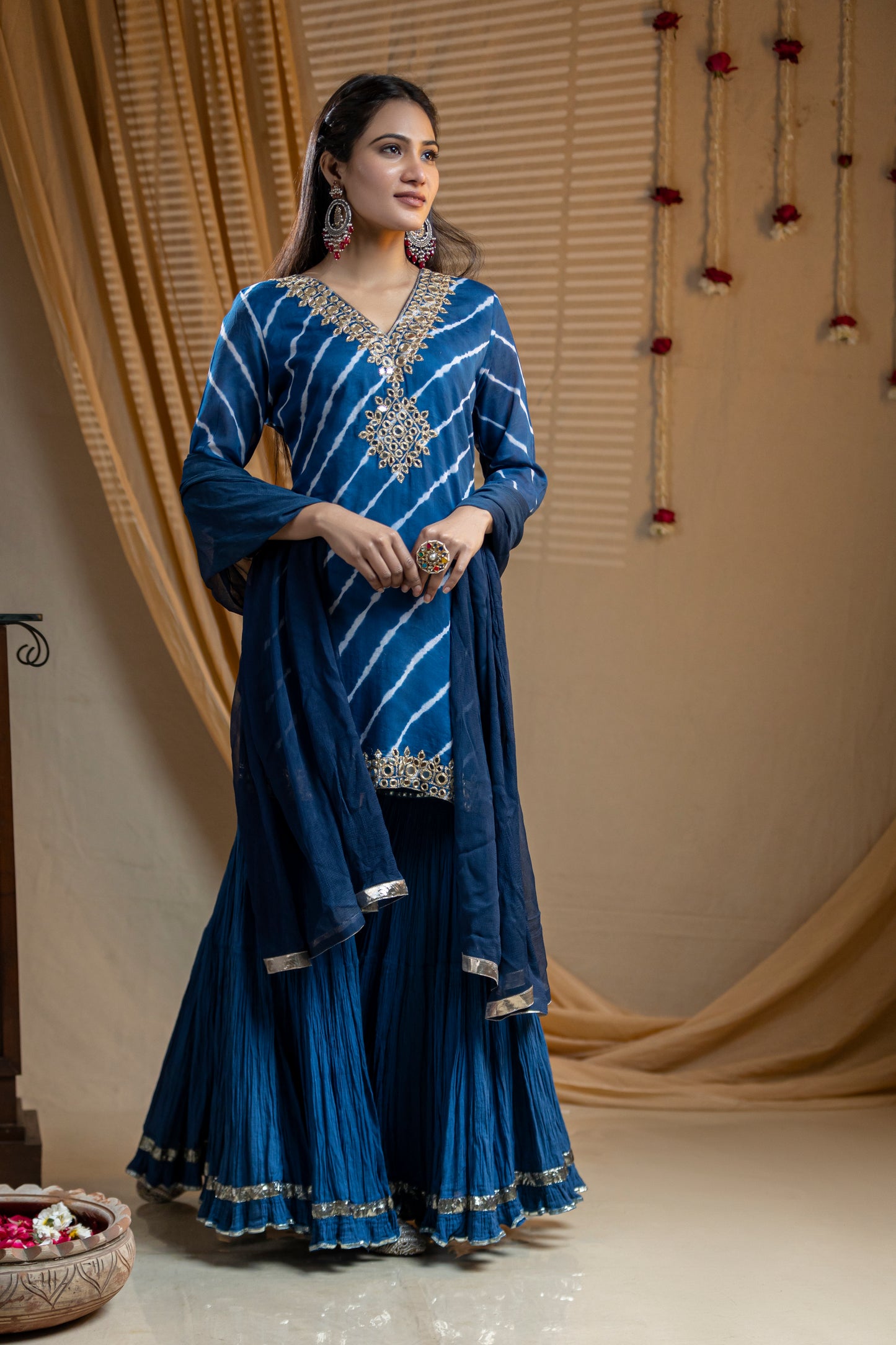 Leheriya Cotton Kurta with Mirror Work Neckline, Crinkled Garara, and Georgette Dupatta