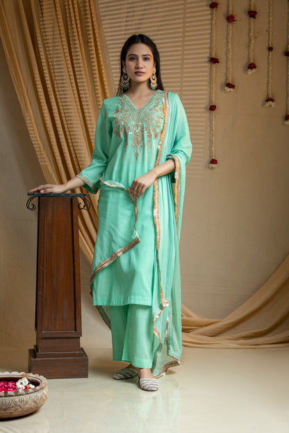 Cotton Kurta with Traditional Embroidery, Paired with Straight Pants and Dupatta with Edging