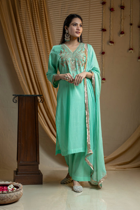 Cotton Kurta with Traditional Embroidery, Paired with Straight Pants and Dupatta with Edging