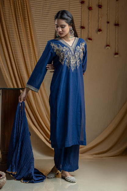 Cotton Kurta with Traditional Embroidery, Paired with Straight Pants and Dupatta with Edging