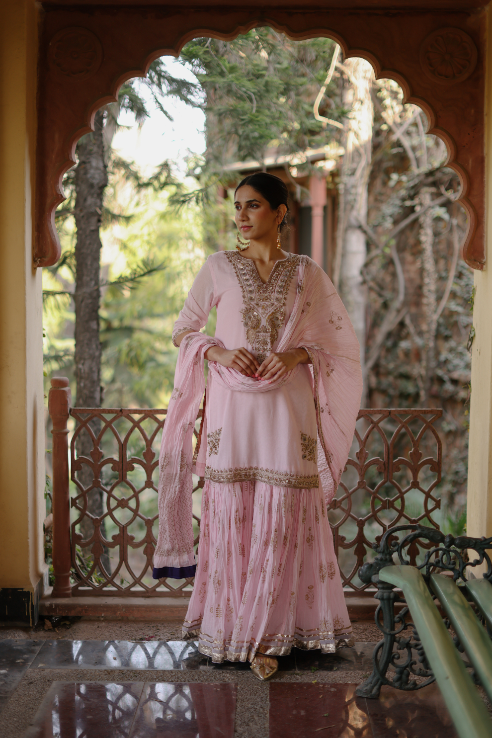 Pink kurta with crushed khadi printed pallazo and dupatta