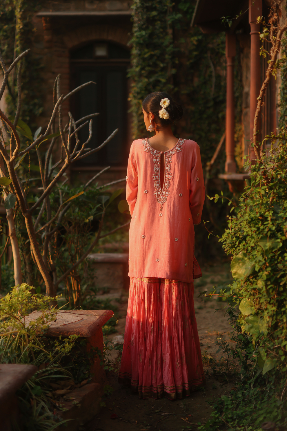 Coral short kurta with bead work