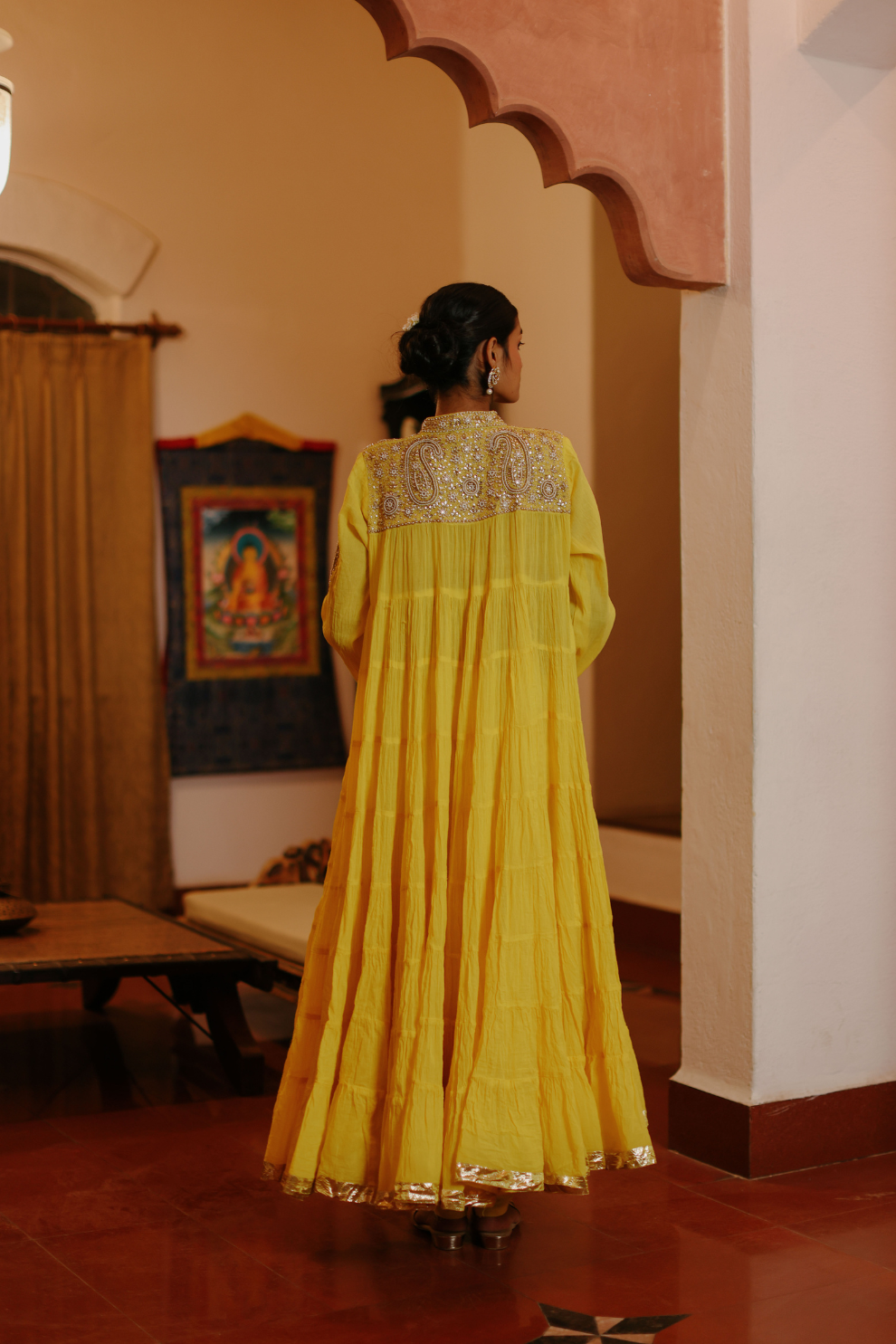 Yellow 100 frill kurta with yolk embroidery