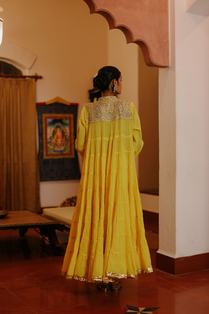 Yellow 100 frill kurta with yolk embroidery