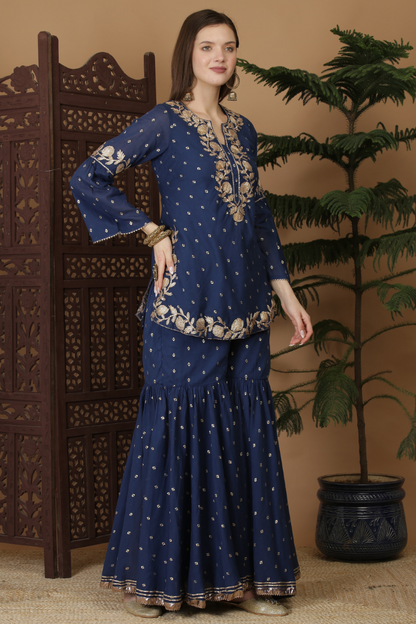 Khadi printed blue Garara set