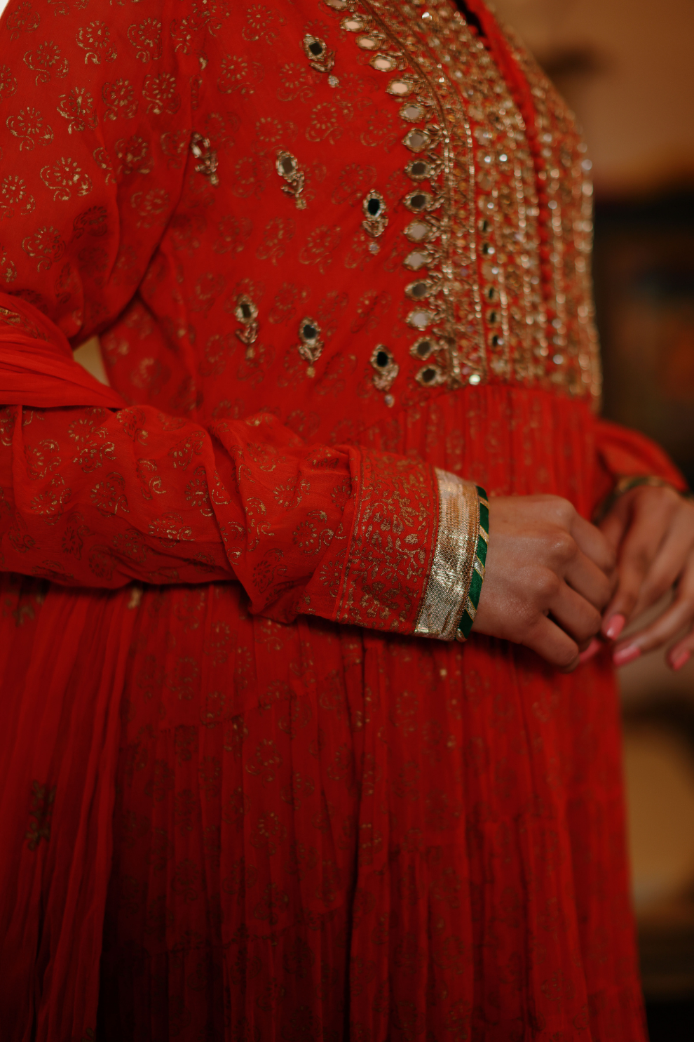 Orange anarkali with mirror embroidery