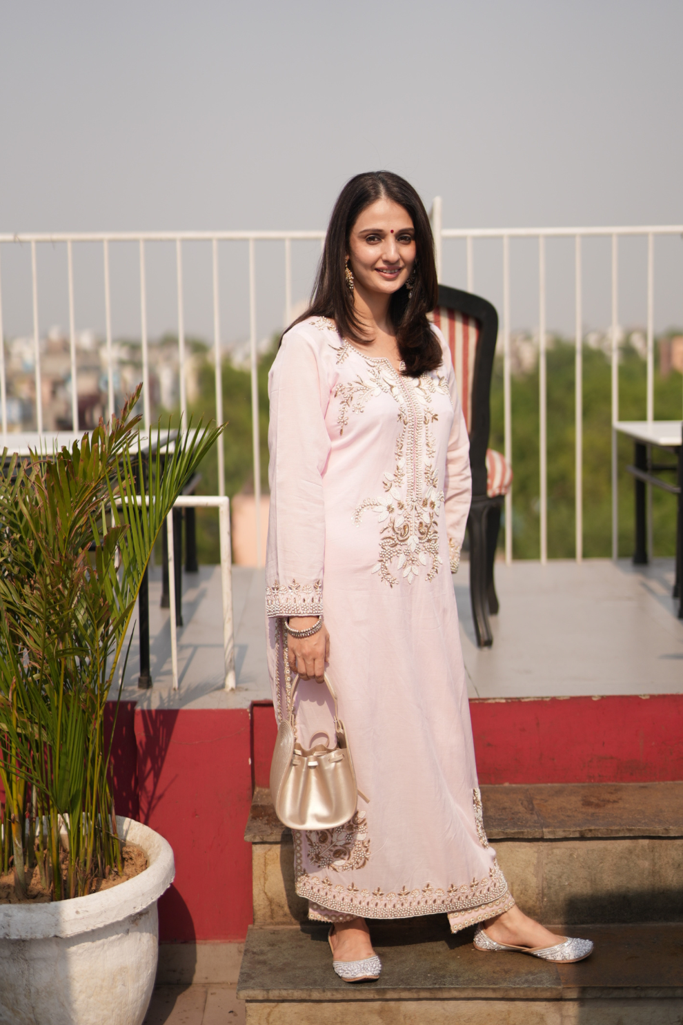 Blush straight kurta with embroidered neckline