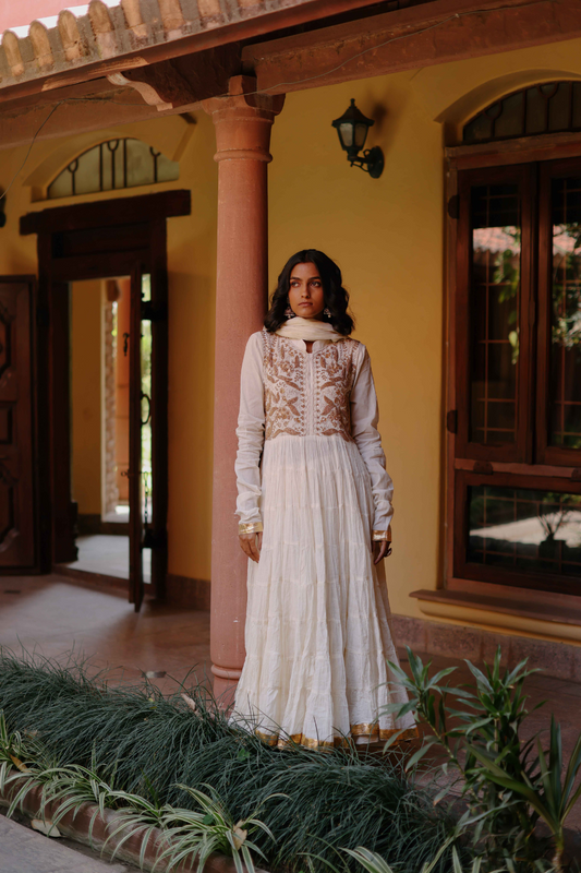 Ivory crushed Anarkali with gold embroidery