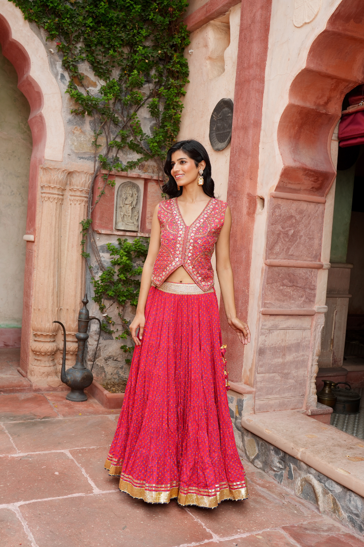 A printed short jacket with gota Skirt Set