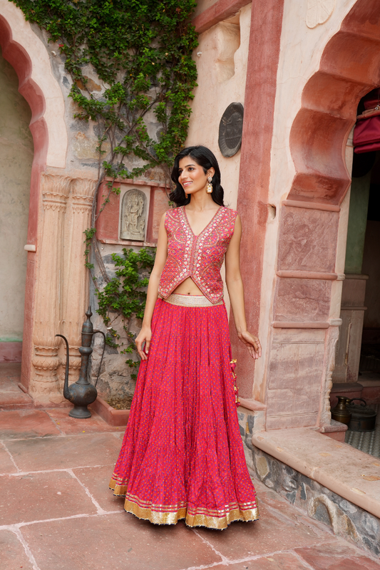 A printed short jacket with gota Skirt Set