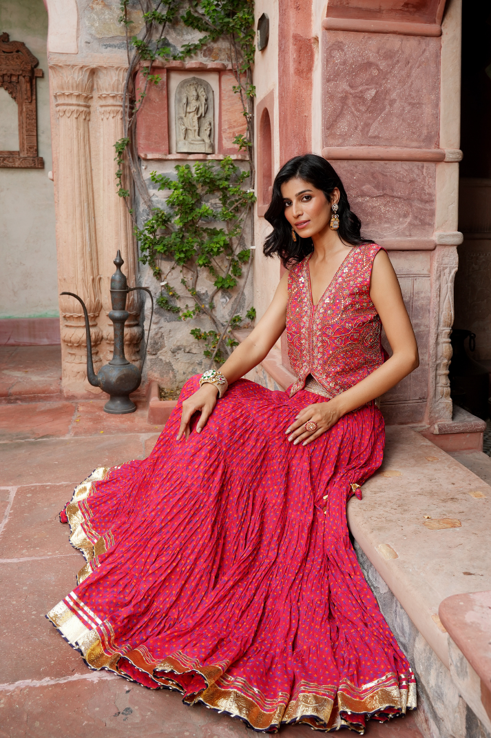 A printed short jacket with gota Skirt Set