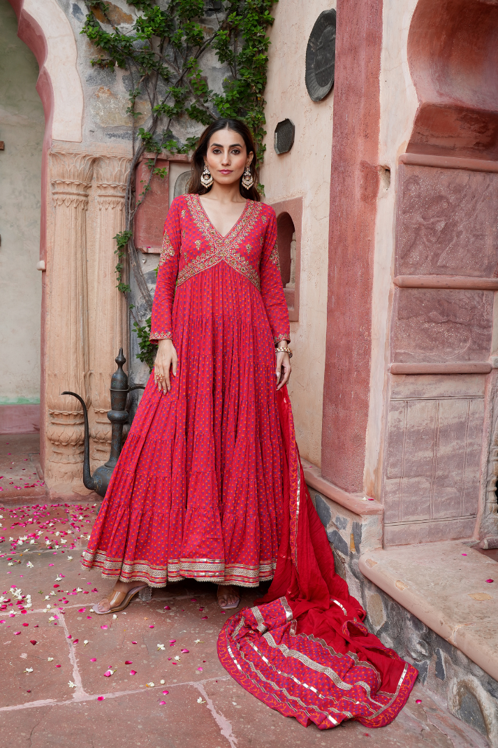 Red Anarkali with gota work