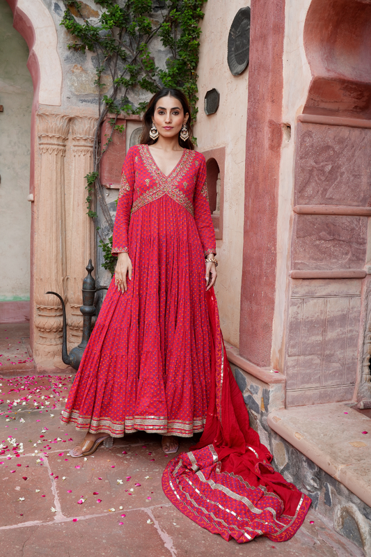 Red Anarkali with gota work