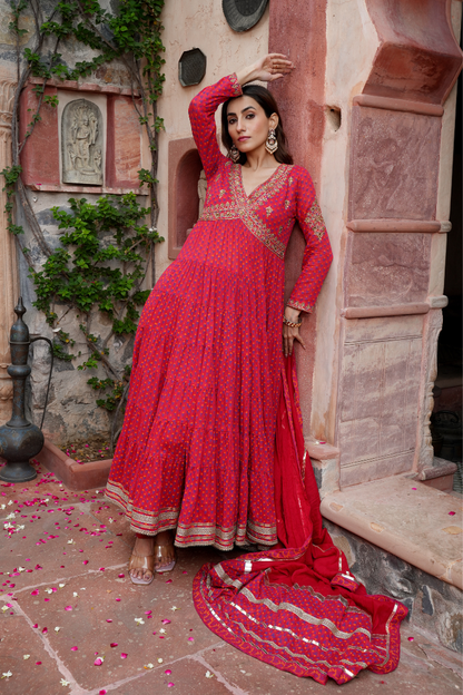 Red Anarkali with gota work