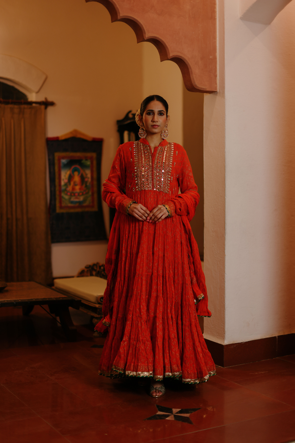 Orange anarkali with mirror embroidery