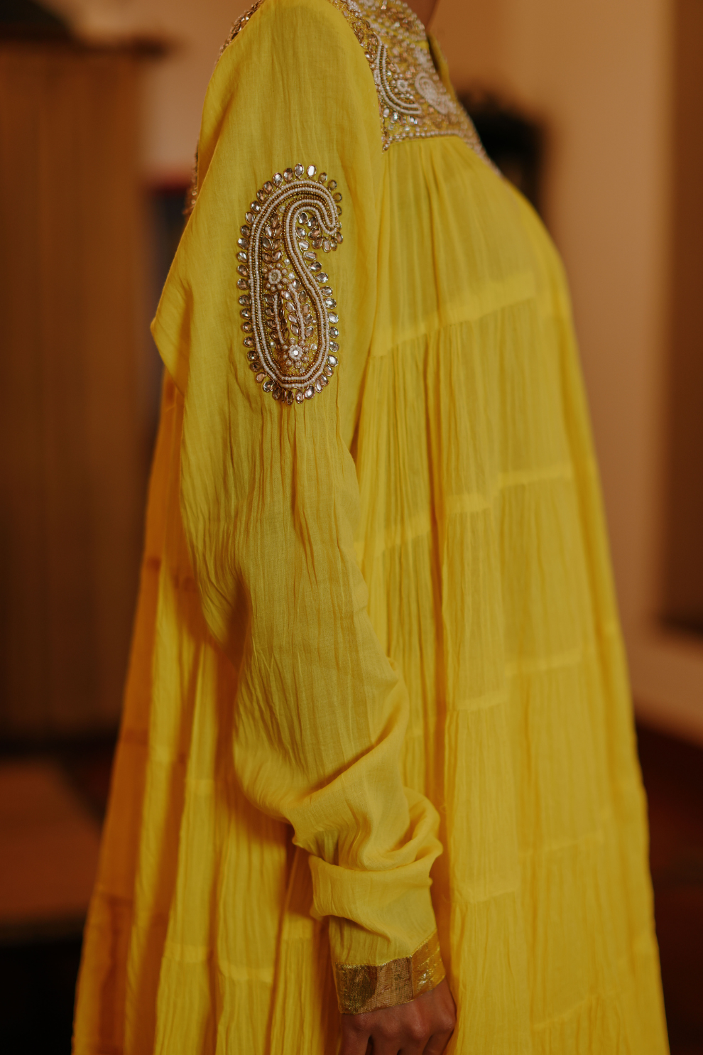 Yellow 100 frill kurta with yolk embroidery