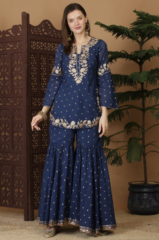 Khadi printed blue Garara set