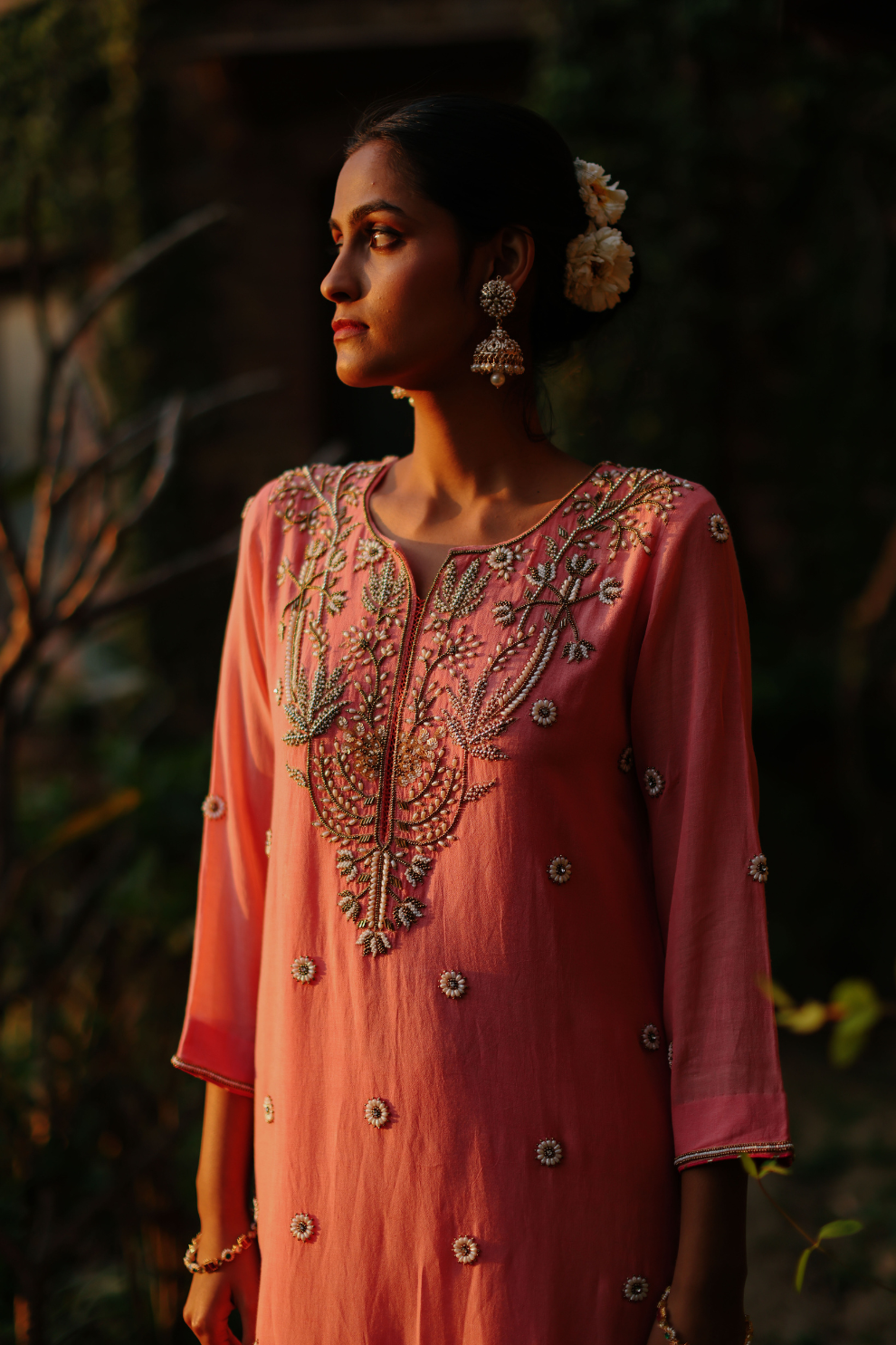 Coral short kurta with bead work