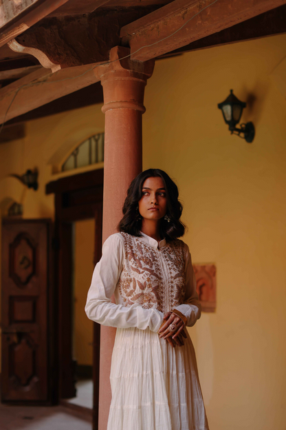 Ivory crushed Anarkali with gold embroidery