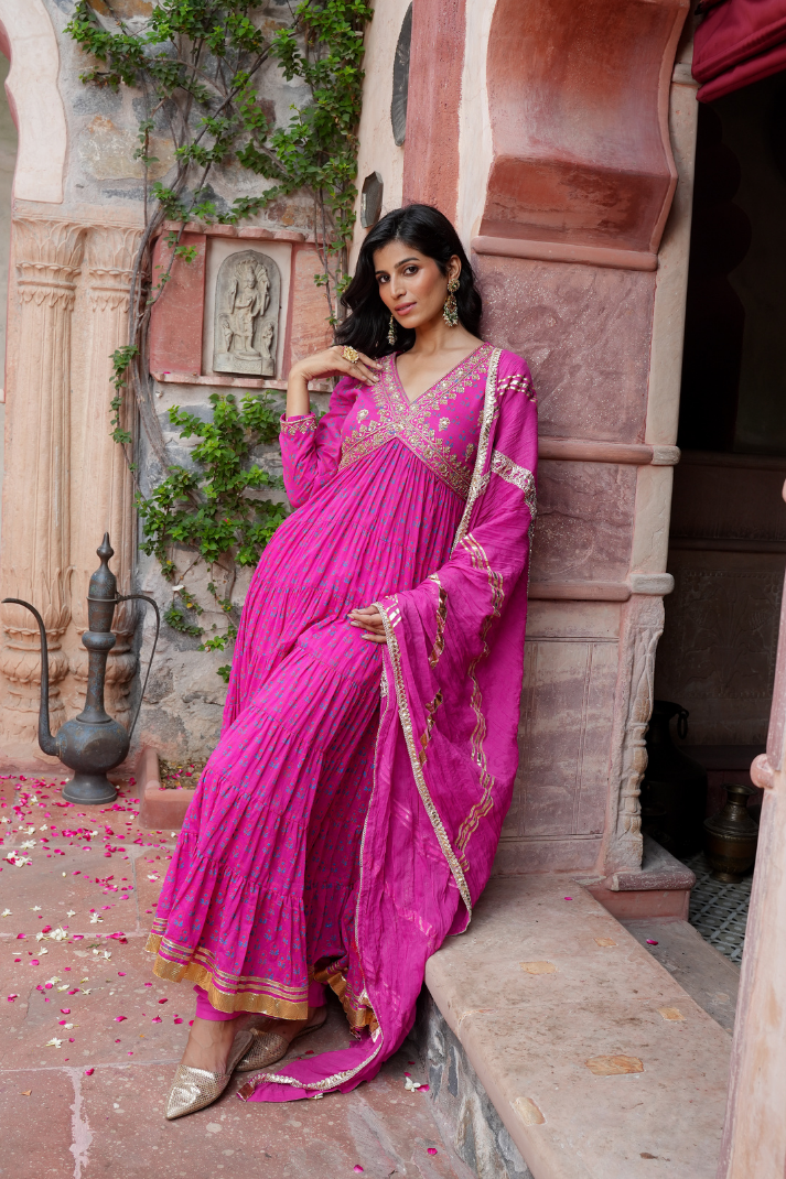 A vibrant pink Anarkali Set