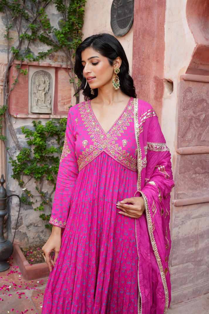 A vibrant pink Anarkali Set