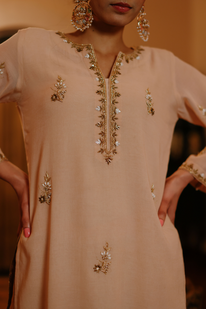 Beige kurta with delicate embroideries and printed skirt and dupatta