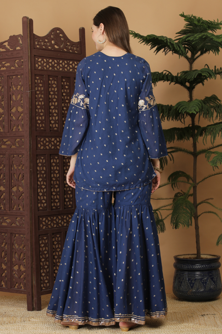 Khadi printed blue Garara set