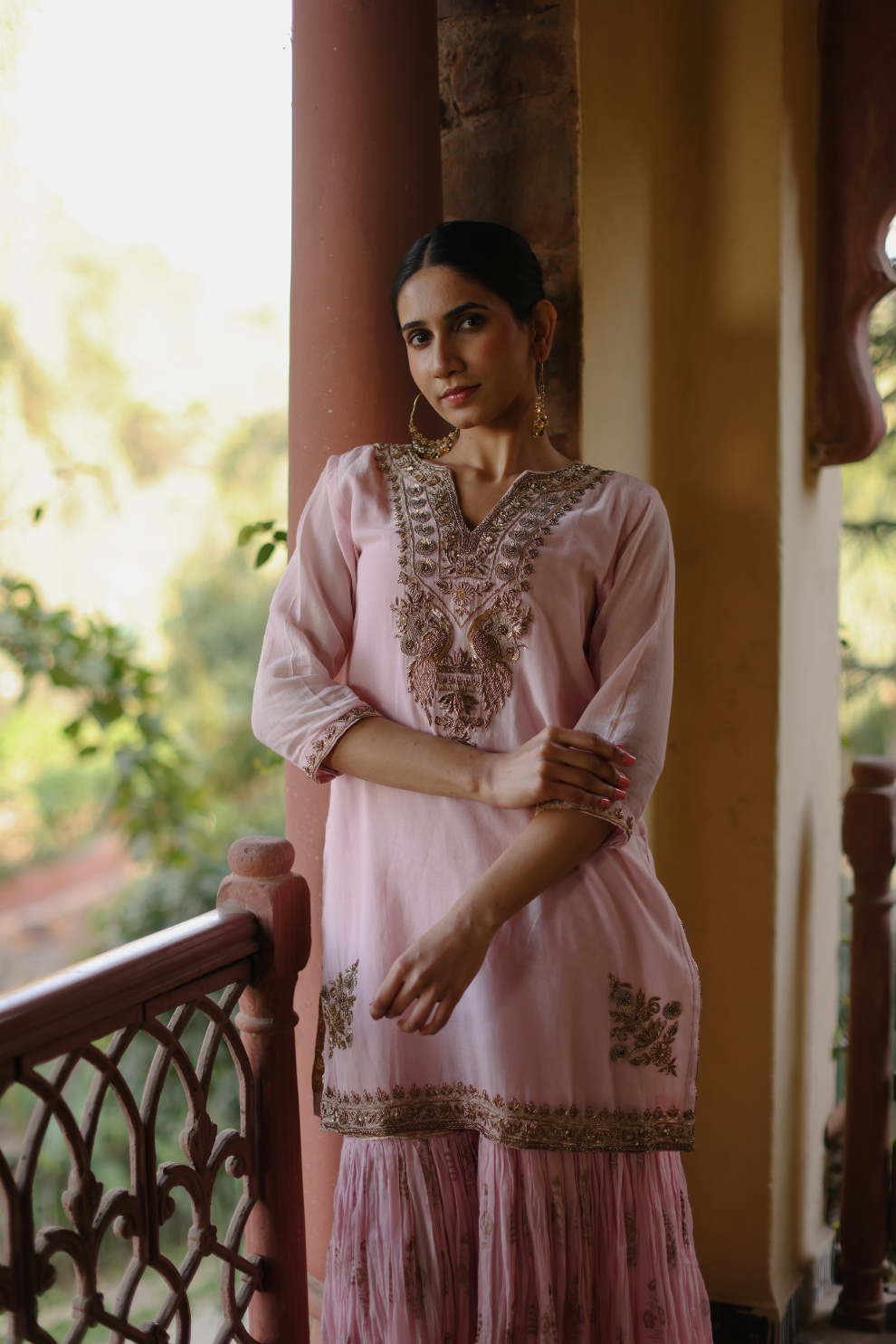 Pink kurta with crushed khadi printed pallazo and dupatta