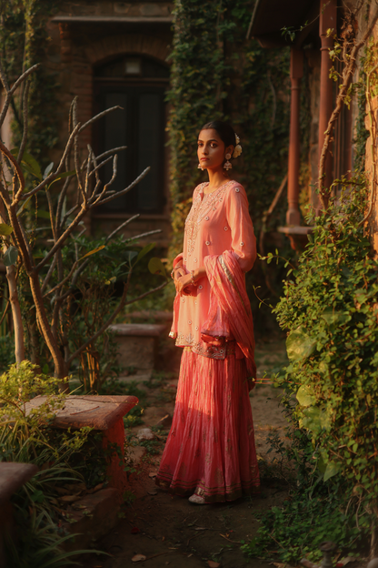 Coral short kurta with bead work