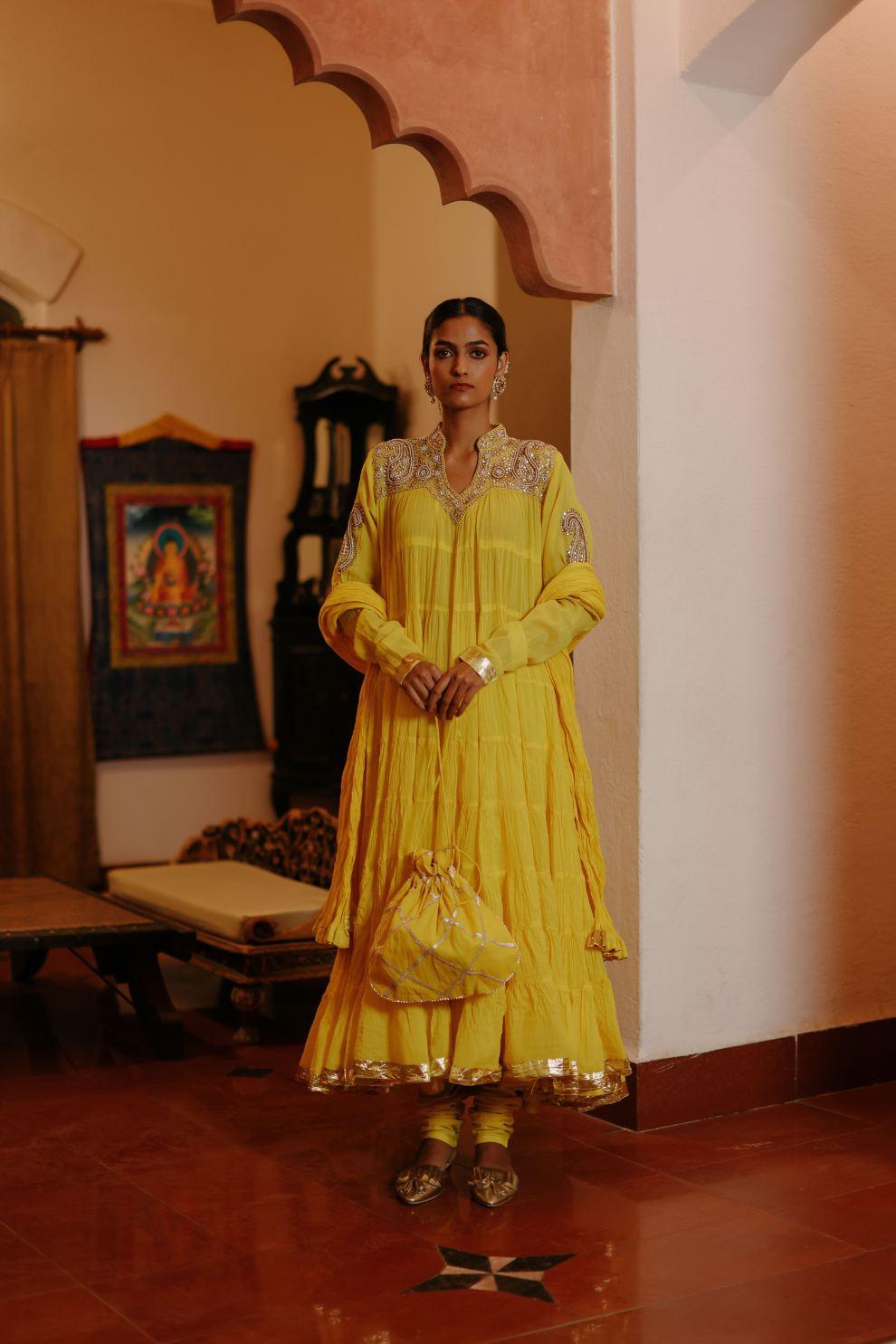 Yellow 100 frill kurta with yolk embroidery