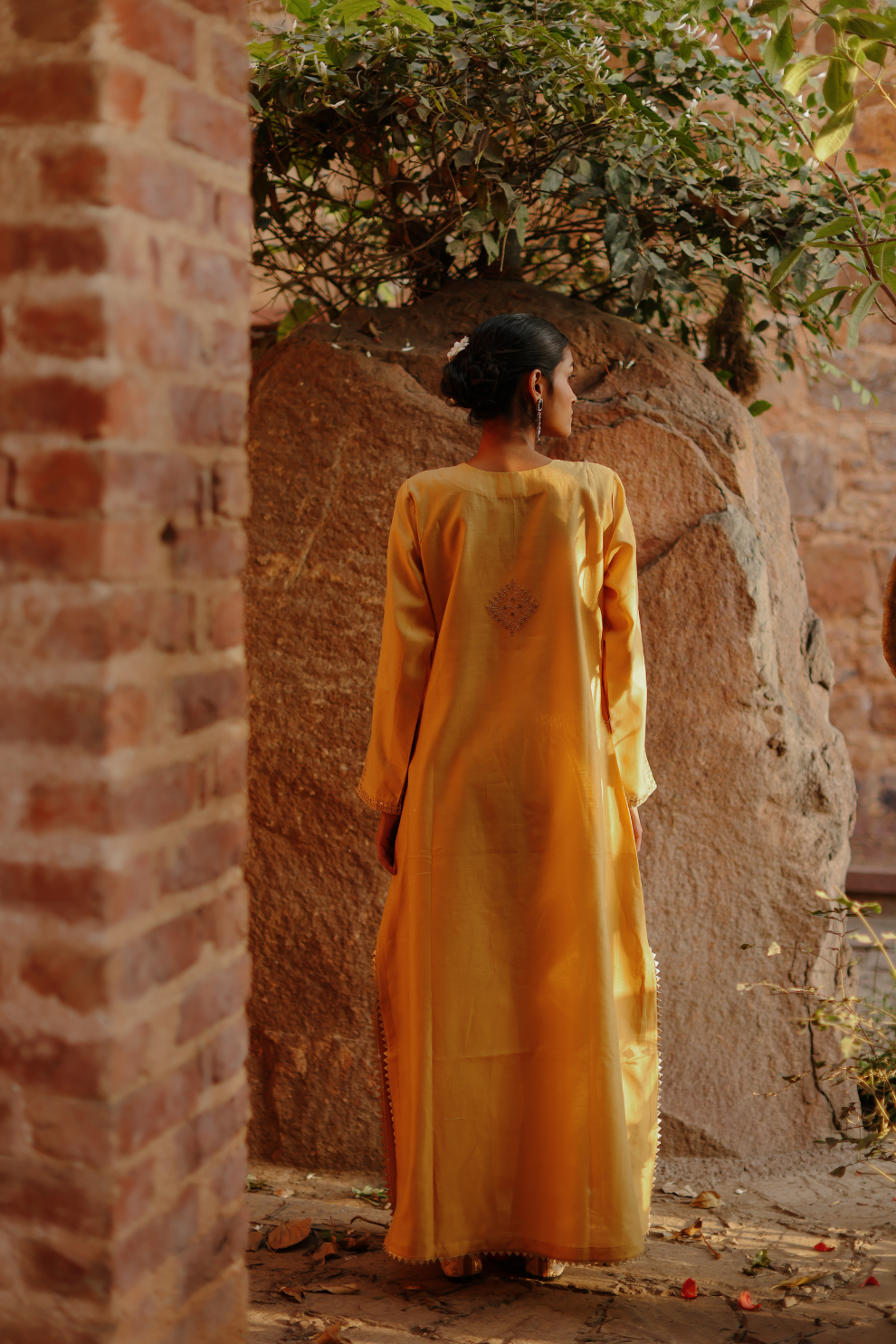 Yellow chanderi abaya with embroidered neckline