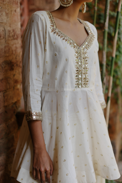 Peplum kurta and skirt set with mirror embroidery