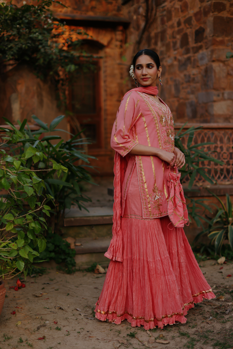 Coral embroidered kurta with crushed pallazo