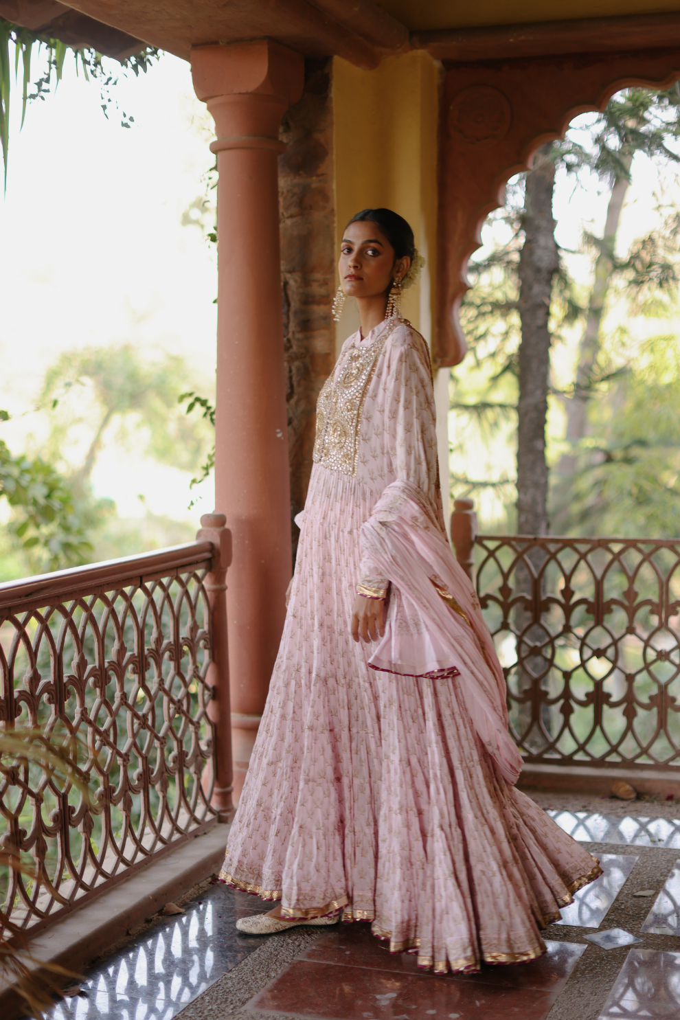 Pink khadi print anarkali with gota work