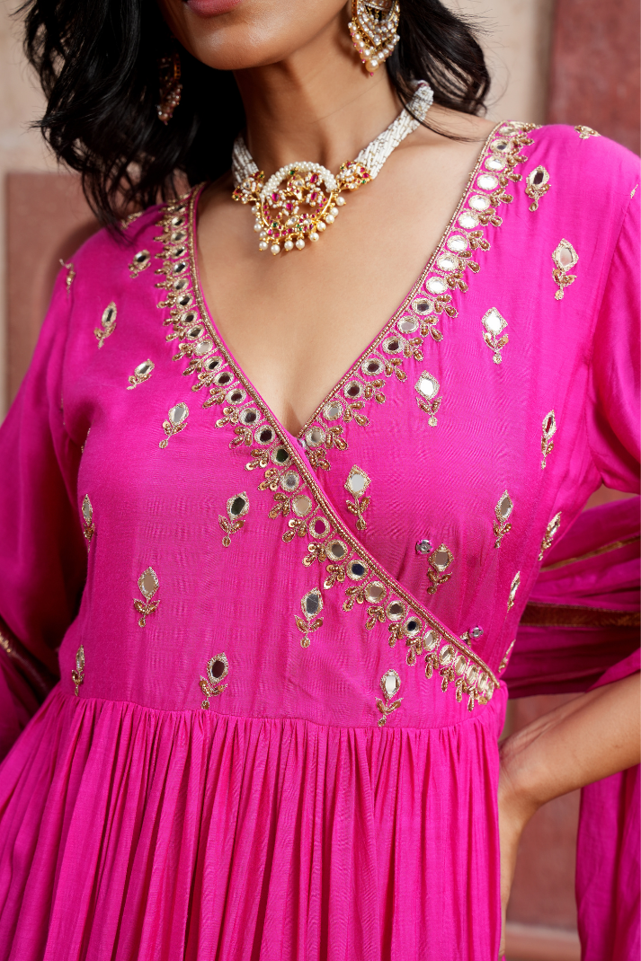 Fuchsia with Delicate Mirror work Anarkali Set