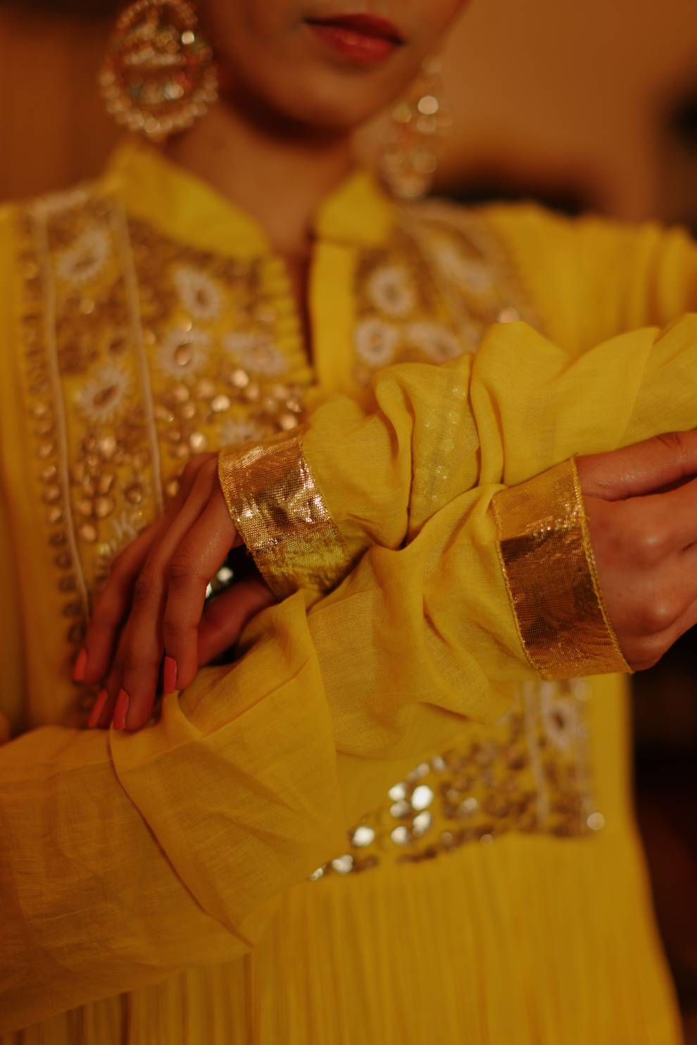 Yellow crushed kurta with embroidery