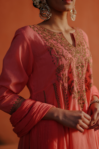 Coral Kurta with zari embroidery