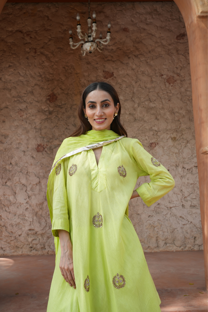 Lime-green kurta Paired with straight pants