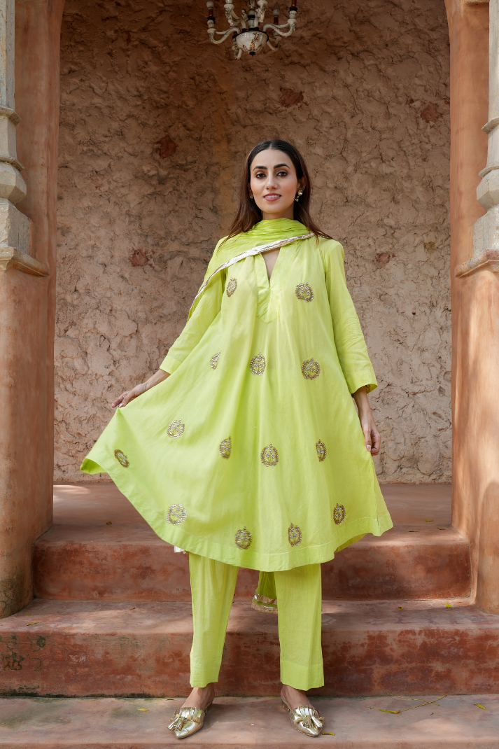 Lime-green kurta Paired with straight pants