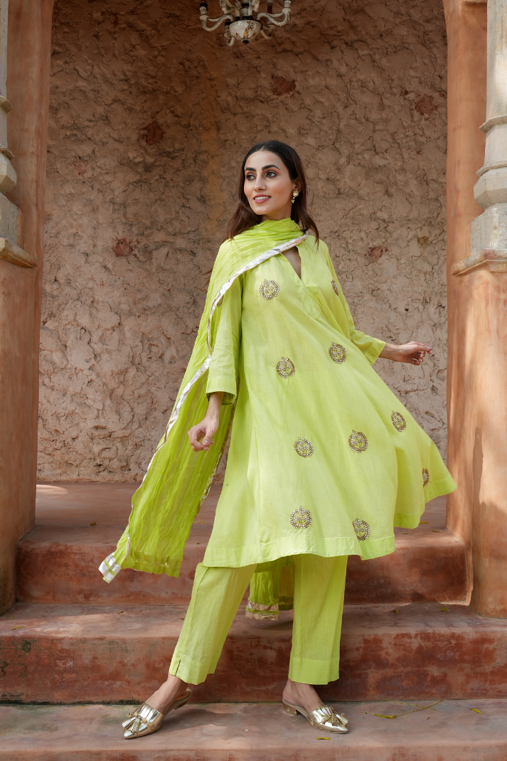 Lime-green kurta Paired with straight pants