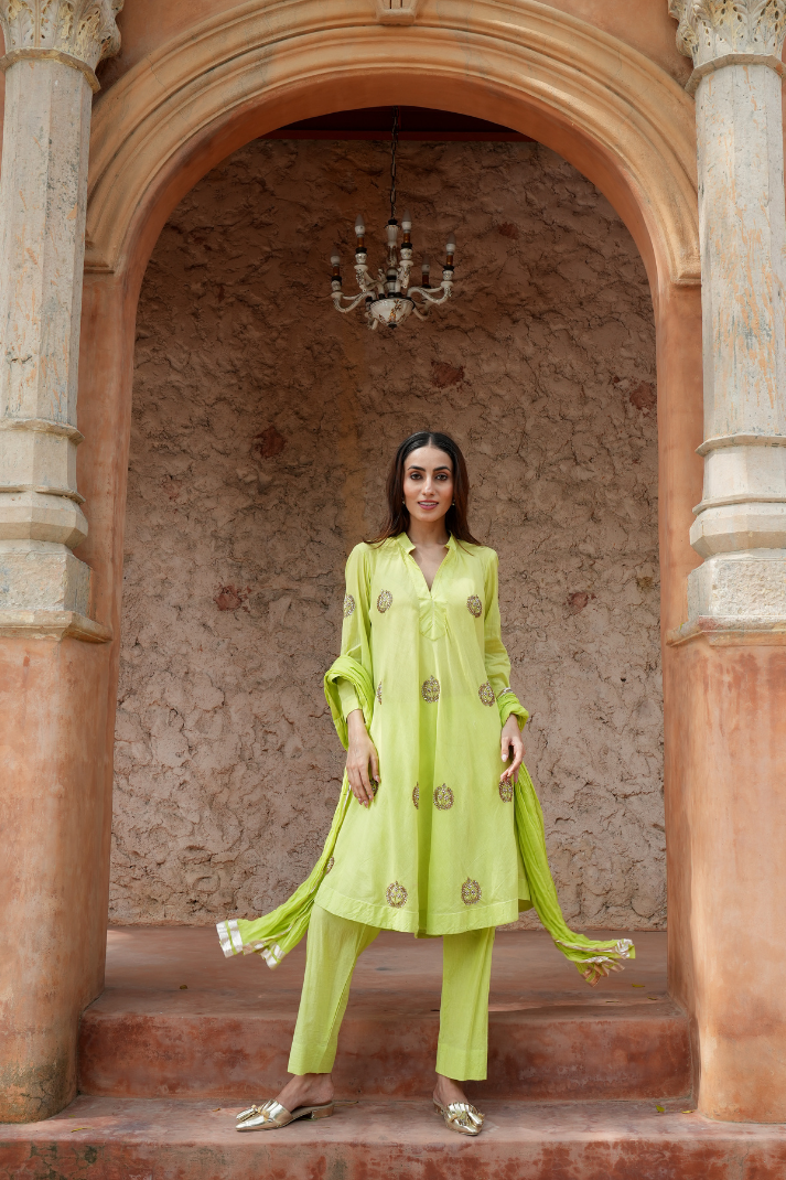 Lime-green kurta Paired with straight pants