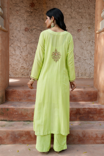 Lime-green kurta Paired with  zari embroidery