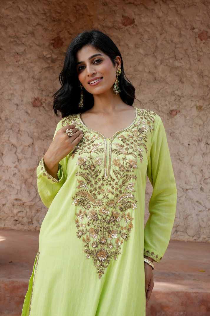 Lime-green kurta Paired with  zari embroidery