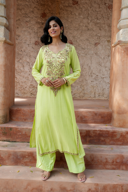 Lime-green kurta Paired with  zari embroidery