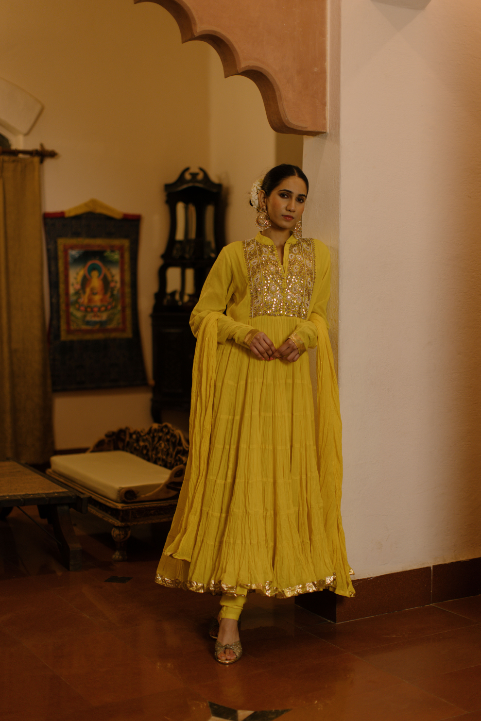 Yellow crushed kurta with embroidery