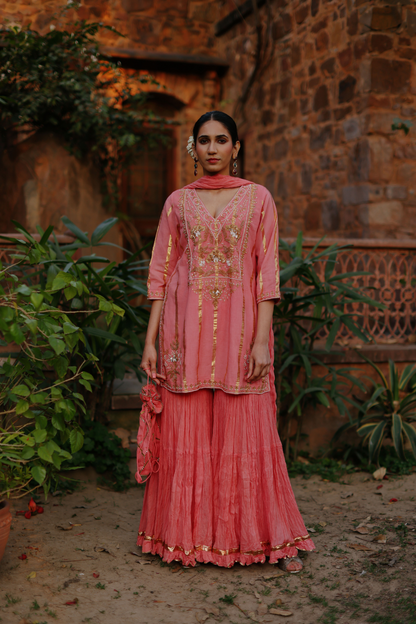 Coral embroidered kurta with crushed pallazo