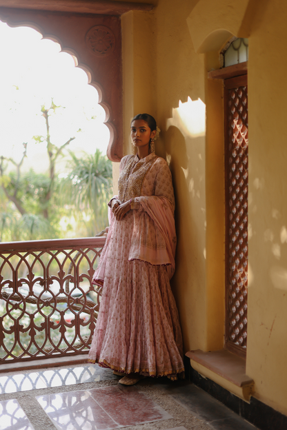 Pink khadi print anarkali with gota work