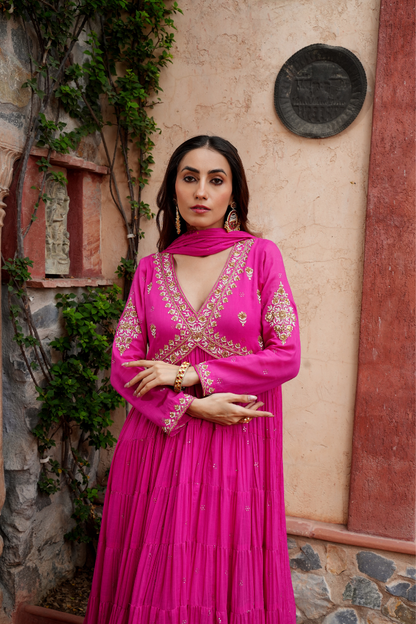 Fuchsia with Delicate Mirror work Anarkali Set