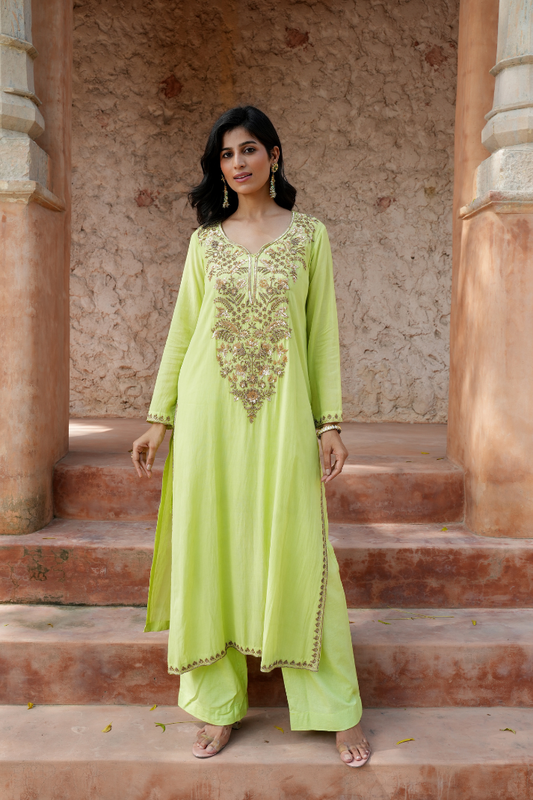 Lime-green kurta Paired with  zari embroidery