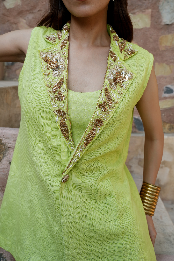 A contemporary lime-green co-ord set